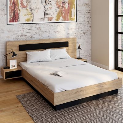 Lit double SANTA avec tête de lit + tables de chevet intégrées et sommier 140 x 190 cm bois et noir