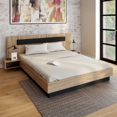 Lit double SANTA avec tête de lit + tables de chevet intégrées et sommier 160 x 200 cm bois et noir