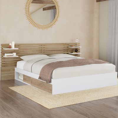 Lit double SAVANA avec tête de lit, chevets, rangements et sommier 160 x 200 cm façon hêtre et blanc