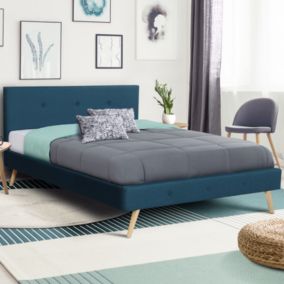 Lit double scandinave OSLO avec tête de lit et sommier 140 x 190 cm tissu bleu canard