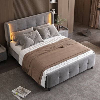 Lit double tapissé avec LED 16 couleurs tête et pied matelassés cadre métal tête réglable velours gris 140 sur 200 cm