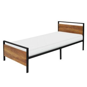 Lit en métal noir avec tête de lit en bois 90x200 cm avec matelas mousse 16 cm