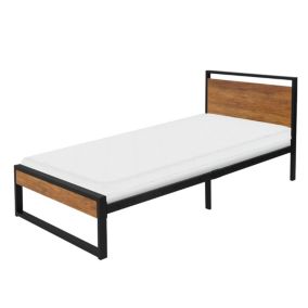 Lit en métal noir avec tête de lit en bois 90x200 cm avec matelas mousse 16 cm