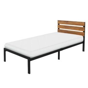 Lit en métal noir avec tête de lit en bois 90x200 cm avec matelas mousse 16cm