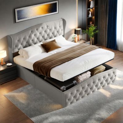 Lit en velours gris 140x200 cm avec clous décoratifs et motif ondulé, Lit double avec sommier à lattes et espace de rangement