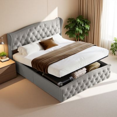 Lit en velours gris 140x200 cm avec clous décoratifs et motif ondulé, Lit double avec sommier à lattes et espace de rangement