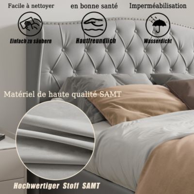 Lit en velours gris 140x200 cm avec clous décoratifs et motif ondulé, Lit double avec sommier à lattes et espace de rangement