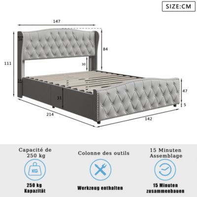 Lit en velours gris 140x200 cm avec clous décoratifs et motif ondulé, Lit double avec sommier à lattes et espace de rangement