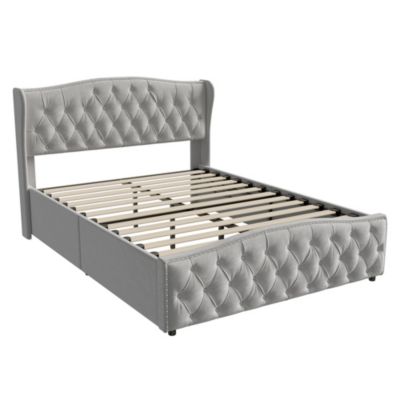 Lit en velours gris 140x200 cm avec clous décoratifs et motif ondulé, Lit double avec sommier à lattes et espace de rangement