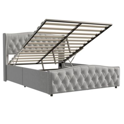 Lit en velours gris 140x200 cm avec clous décoratifs et motif ondulé, Lit double avec sommier à lattes et espace de rangement