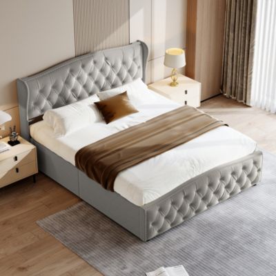Lit en velours gris 140x200 cm avec clous décoratifs et motif ondulé, Lit double avec sommier à lattes et espace de rangement