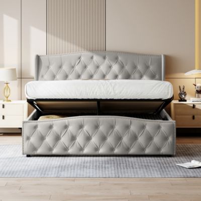 Lit en velours gris 140x200 cm avec clous décoratifs et motif ondulé, Lit double avec sommier à lattes et espace de rangement