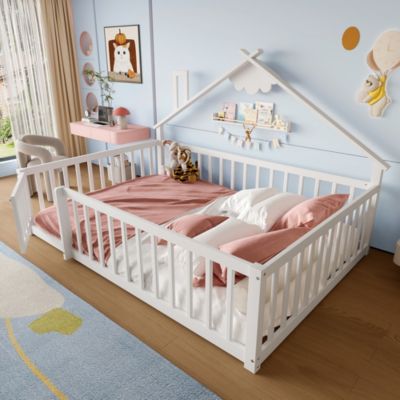 Lit enfant 140x190 cm - Lit avec barrières et design maison - Bois de pin et MDF - Sans matelas - Blanc