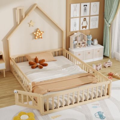 Lit Enfant 140x200 cm - Cabane Design Maison avec Cheminée Décorative et Sommier à Lattes Inclus, Bois/MDF, Naturel, sans Matelas