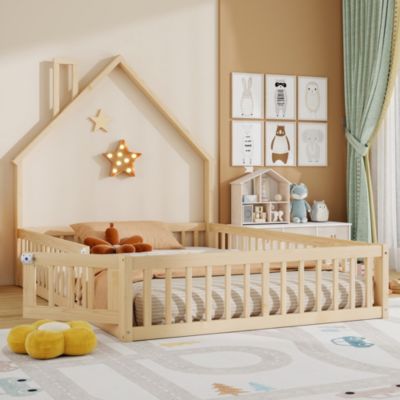Lit Enfant 140x200 cm - Cabane Design Maison avec Cheminée Décorative et Sommier à Lattes Inclus, Bois/MDF, Naturel, sans Matelas