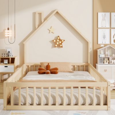 Lit Enfant 140x200 cm - Cabane Design Maison avec Cheminée Décorative et Sommier à Lattes Inclus, Bois/MDF, Naturel, sans Matelas
