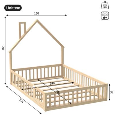 Lit Enfant 140x200 cm - Cabane Design Maison avec Cheminée Décorative et Sommier à Lattes Inclus, Bois/MDF, Naturel, sans Matelas