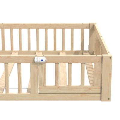 Lit Enfant 140x200 cm - Cabane Design Maison avec Cheminée Décorative et Sommier à Lattes Inclus, Bois/MDF, Naturel, sans Matelas