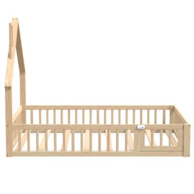 Lit Enfant 140x200 cm - Cabane Design Maison avec Cheminée Décorative et Sommier à Lattes Inclus, Bois/MDF, Naturel, sans Matelas