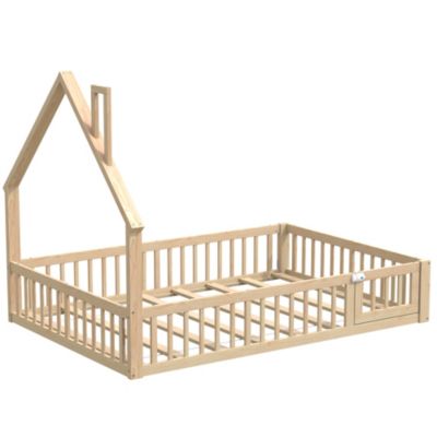 Lit Enfant 140x200 cm - Cabane Design Maison avec Cheminée Décorative et Sommier à Lattes Inclus, Bois/MDF, Naturel, sans Matelas