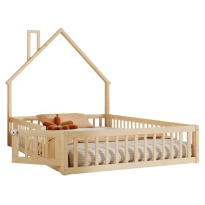 Lit Enfant 140x200 cm - Cabane Design Maison avec Cheminée Décorative et Sommier à Lattes Inclus, Bois/MDF, Naturel, sans Matelas