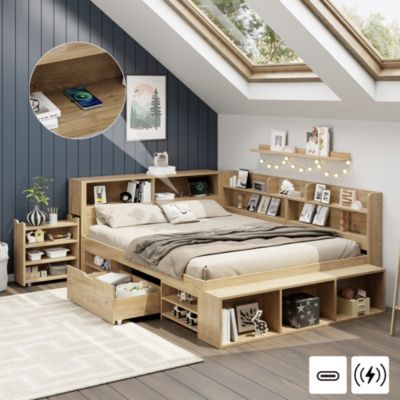 Lit Enfant 140x200 cm - Lit avec Rangement Multifonction, Tiroirs et Étagères, Lit en Bois Nature - Sans Matelas