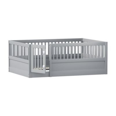 Lit enfant 140x200 cm - Lit en Bois avec Barrière et Porte, Protection Sécurisée MDF et Pin, Gris, Sans Matelas