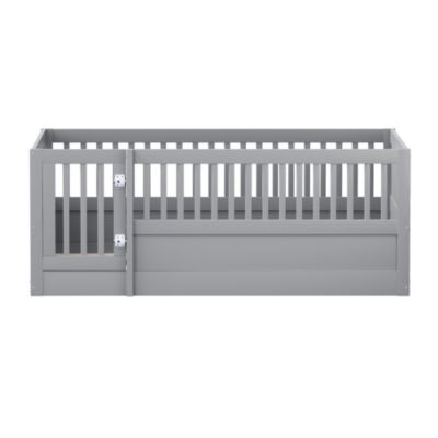 Lit enfant 140x200 cm - Lit en Bois avec Barrière et Porte, Protection Sécurisée MDF et Pin, Gris, Sans Matelas
