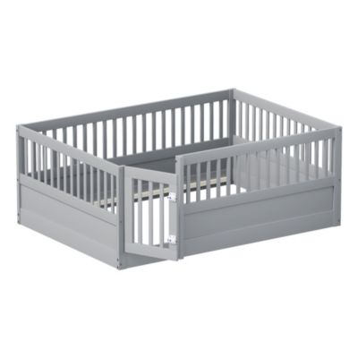 Lit enfant 140x200 cm - Lit en Bois avec Barrière et Porte, Protection Sécurisée MDF et Pin, Gris, Sans Matelas