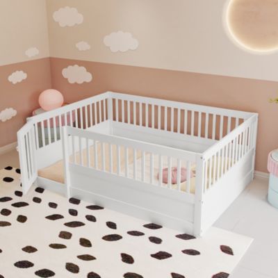 Lit enfant 140x200 cm - Lit en Bois avec Barrières de Sécurité, Protection MDF et Pin, Blanc, Sans Matelas
