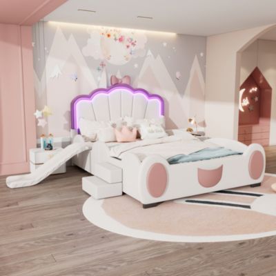 Lit Enfant 140x200cm, Lit Carton Papillon avec LED, Rose et Blanc