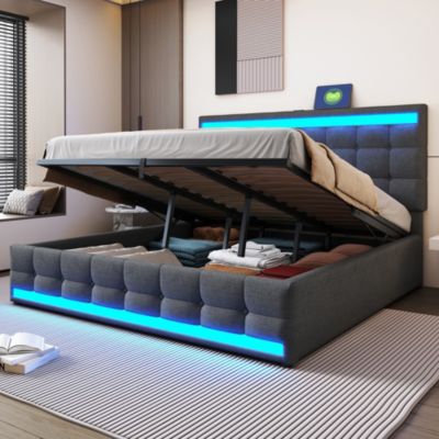 Lit enfant 180x200cm,gris,rembourré,système hydraulique rangement,LED RGB+USB