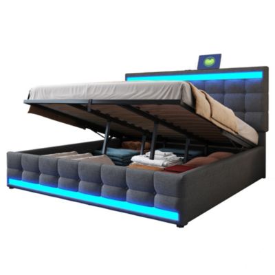 Lit enfant 180x200cm,gris,rembourré,système hydraulique rangement,LED RGB+USB