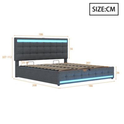 Lit enfant 180x200cm,gris,rembourré,système hydraulique rangement,LED RGB+USB