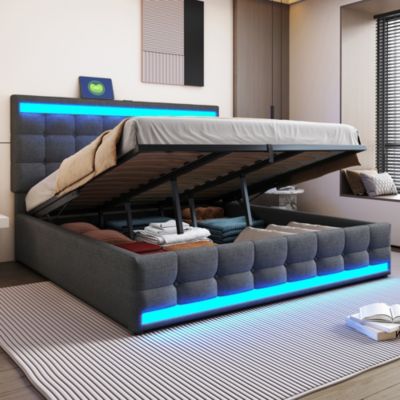 Lit enfant 180x200cm,gris,rembourré,système hydraulique rangement,LED RGB+USB