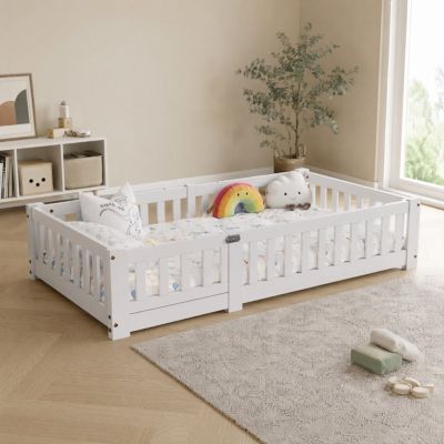 Lit enfant 80x160 cm en bois massif avec barrières de sécurité, cadre à lattes, design moderne, blanc