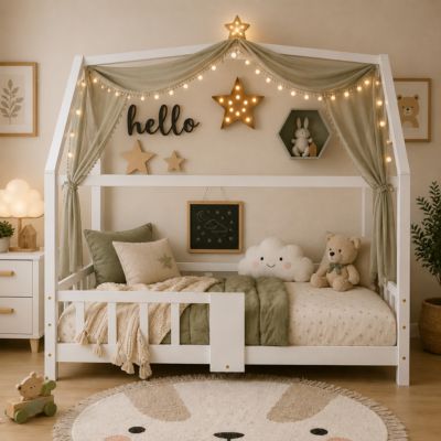 Lit enfant 90 x 200 cm - Lit Cabane avec Tablette et Tableau - Bois de Pin - Sans Matelas - Blanc