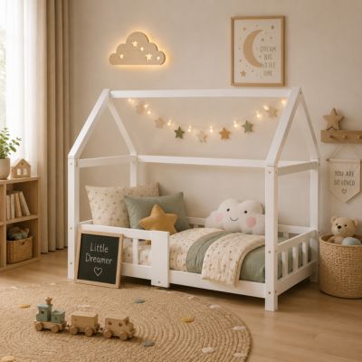 Lit enfant 90 x 200 cm - Lit Cabane avec Tablette et Tableau - Bois de Pin - Sans Matelas - Blanc