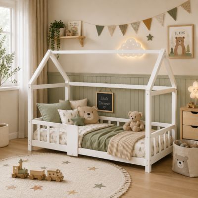 Lit enfant 90 x 200 cm - Lit Cabane avec Tablette et Tableau - Bois de Pin - Sans Matelas - Blanc