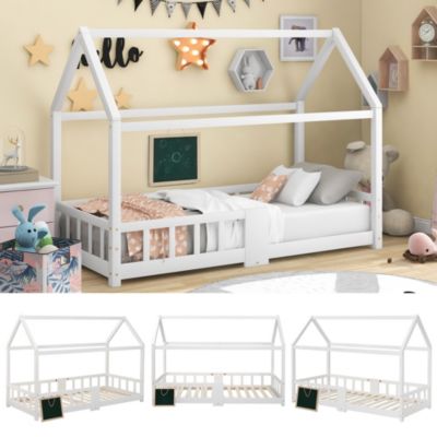 Lit enfant 90 x 200 cm - Lit Cabane avec Tablette et Tableau - Bois de Pin - Sans Matelas - Blanc