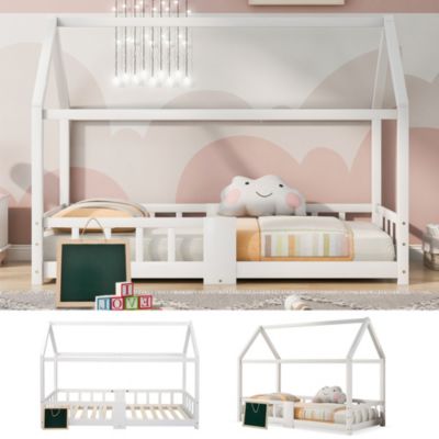 Lit enfant 90 x 200 cm - Lit Cabane avec Tablette et Tableau - Bois de Pin - Sans Matelas - Blanc