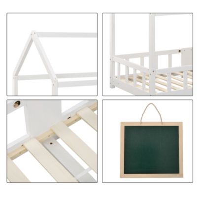 Lit enfant 90 x 200 cm - Lit Cabane avec Tablette et Tableau - Bois de Pin - Sans Matelas - Blanc