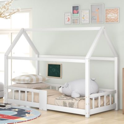 Lit enfant 90 x 200 cm - Lit Cabane avec Tablette et Tableau - Bois de Pin - Sans Matelas - Blanc