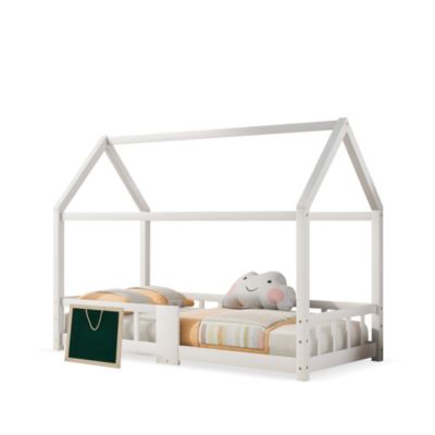 Lit enfant 90 x 200 cm - Lit Cabane avec Tablette et Tableau - Bois de Pin - Sans Matelas - Blanc