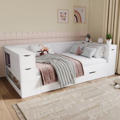 Lit enfant 90x190 cm en MDF blanc avec tiroirs et rangement
