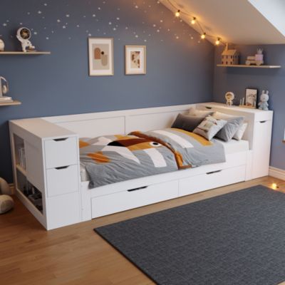 Lit enfant 90x190 cm en MDF blanc avec tiroirs et rangement