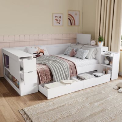 Lit enfant 90x190 cm en MDF blanc avec tiroirs et rangement