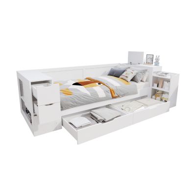 Lit enfant 90x190 cm en MDF blanc avec tiroirs et rangement