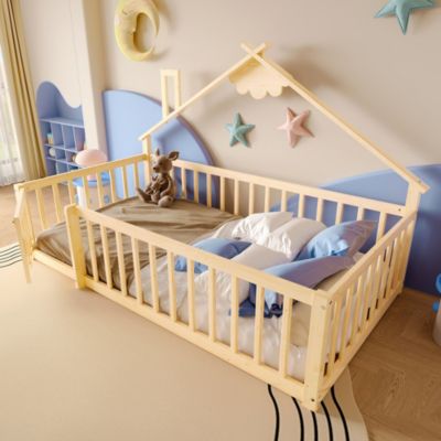 Lit enfant 90x190 cm - Lit avec barrières et design maison - Bois de pin et MDF - Sans matelas - Naturel