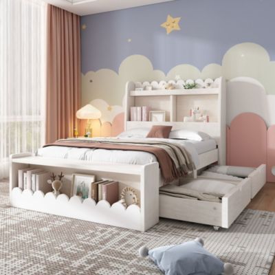 Lit Enfant 90x190cm 2 Tiroirs Étagère Banc Blanc Blackcolors